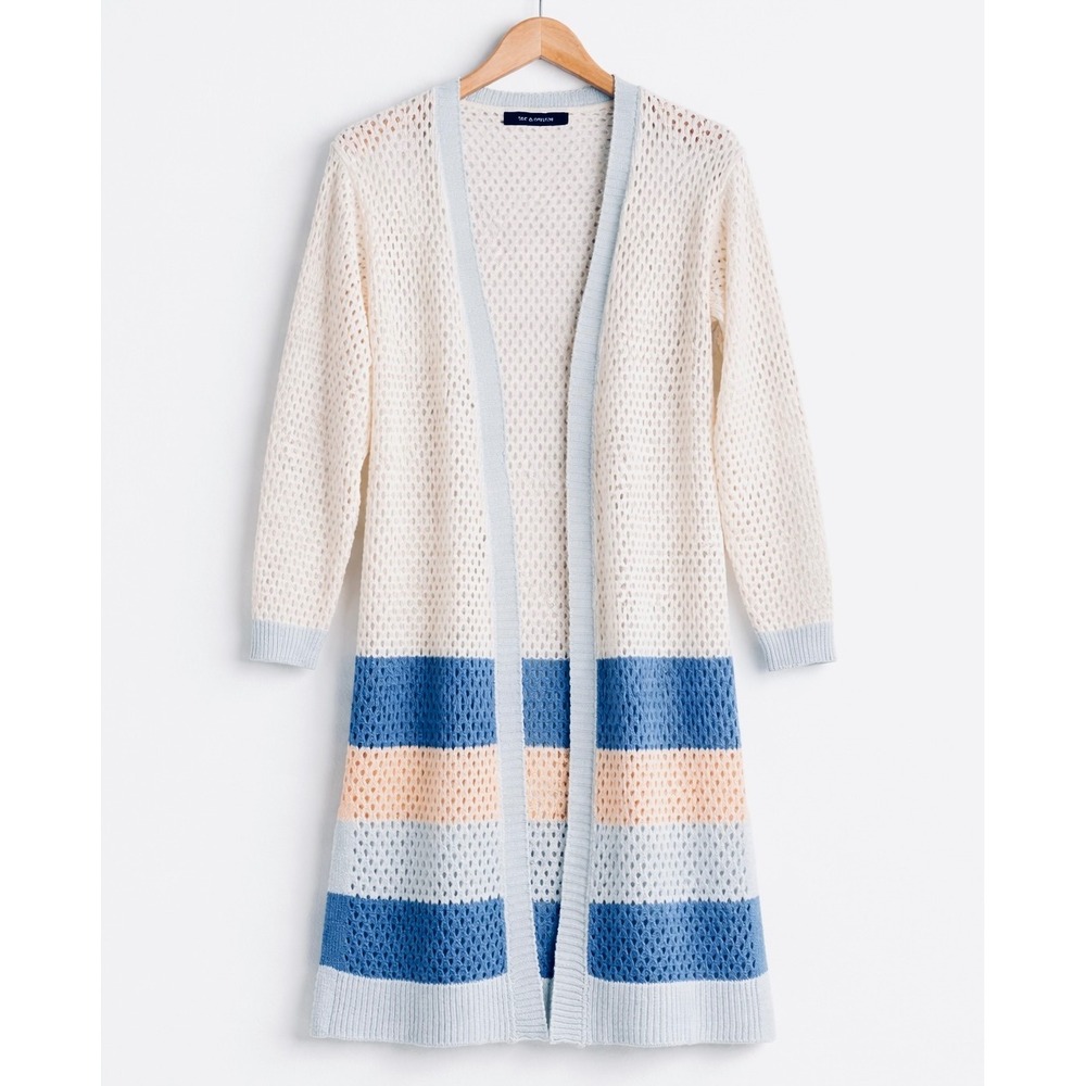 Tint & Shadow Cardigan Womens Small/Medium Cream Blue Open Knit Duster Boho Chic